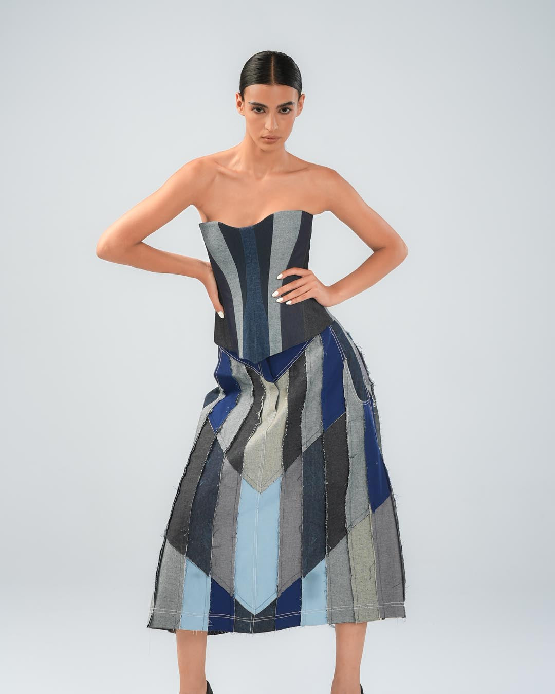 Denim Patchwork Midi Skirt