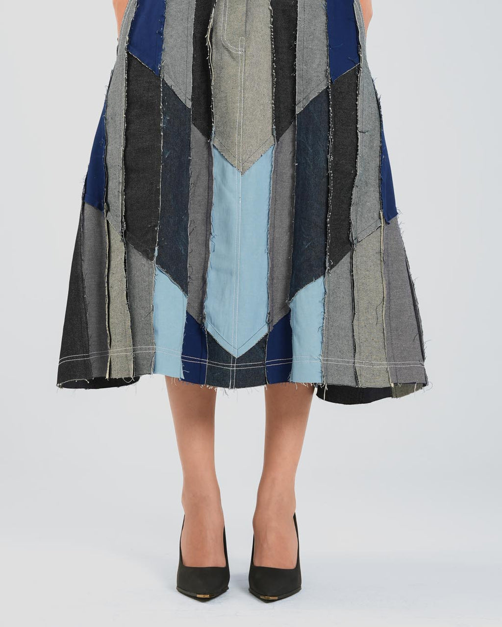 Denim Patchwork Midi Skirt