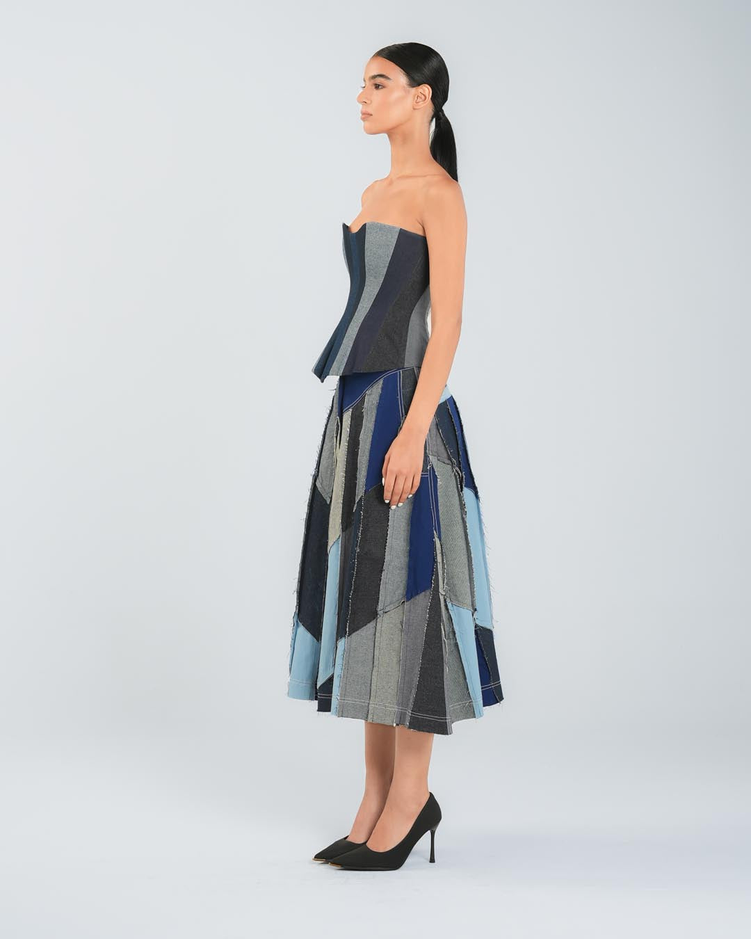 Denim Patchwork Midi Skirt