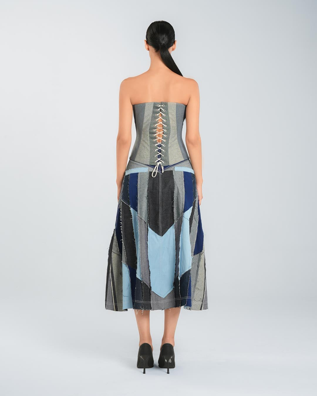 Denim Patchwork Midi Skirt