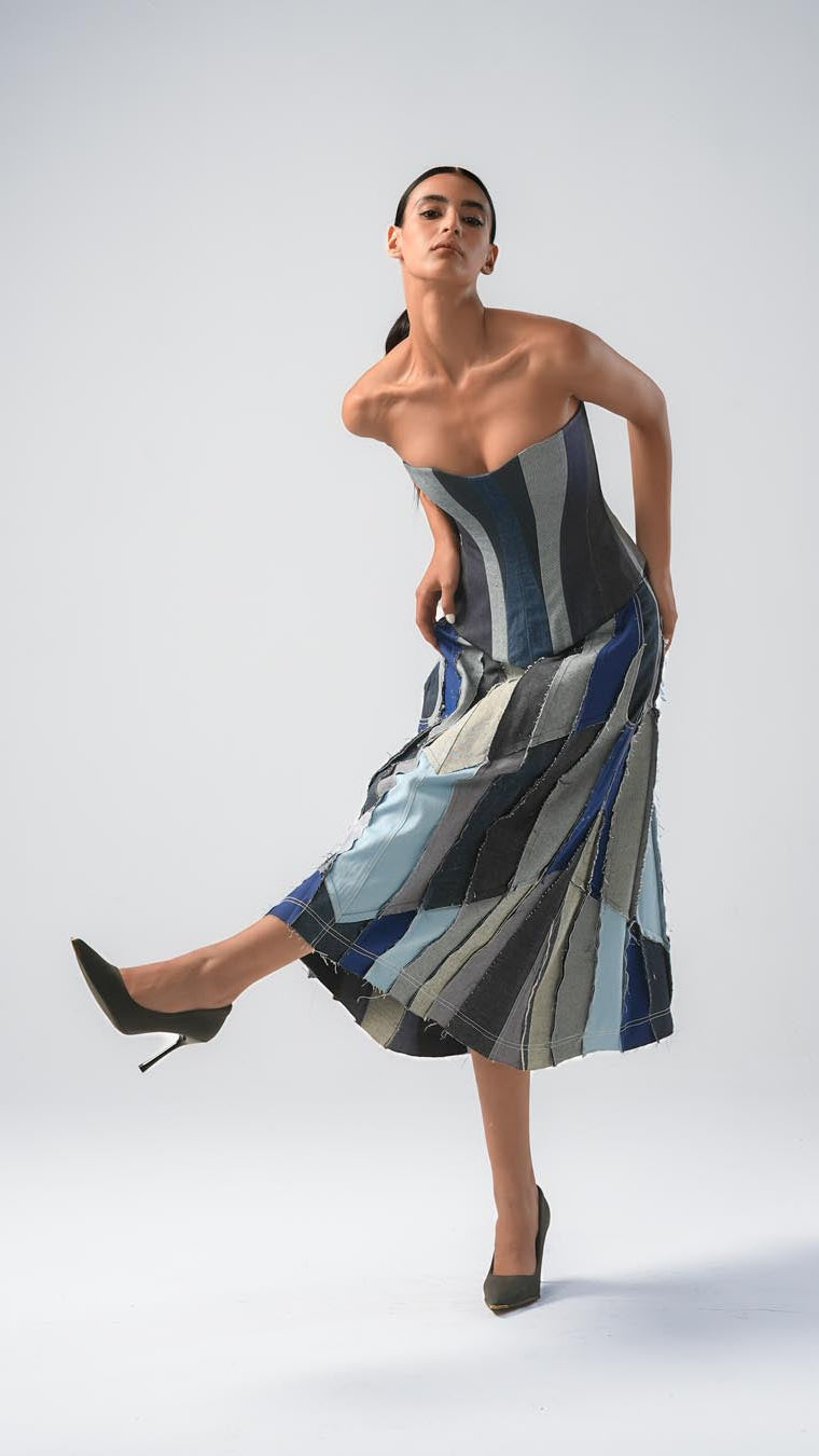 Denim Patchwork Midi Skirt