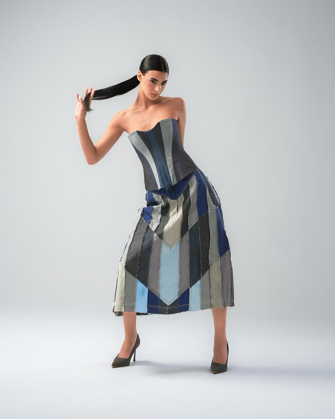 Denim Patchwork Midi Skirt