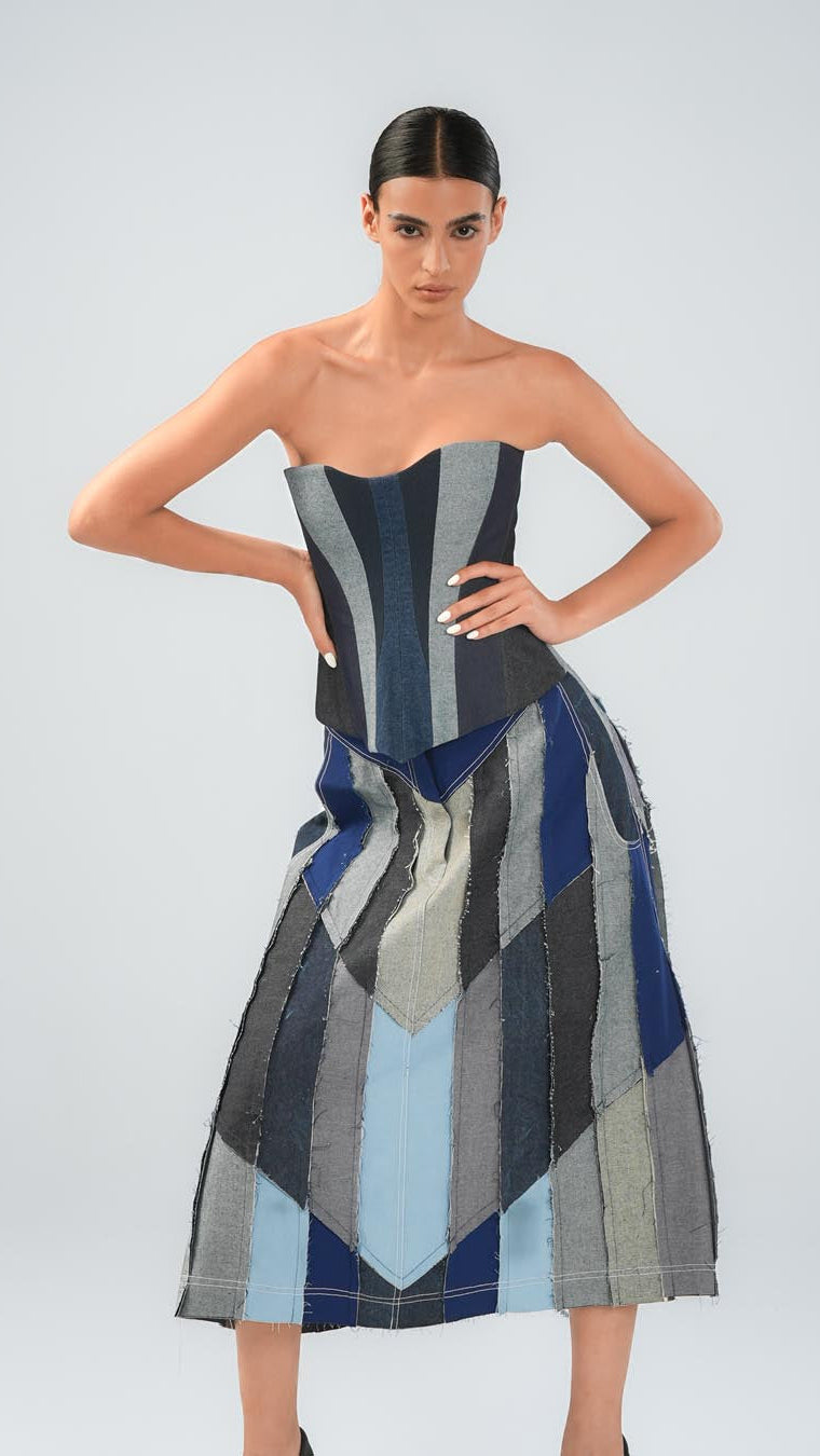Denim Patchwork Midi Skirt