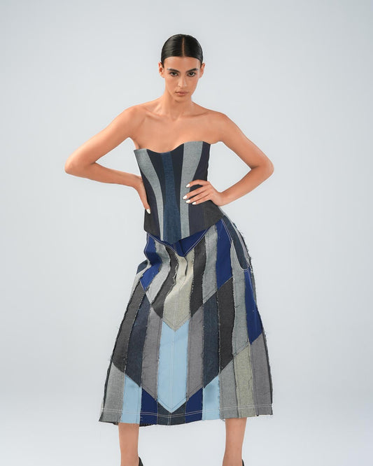 Denim Patchwork Midi Skirt